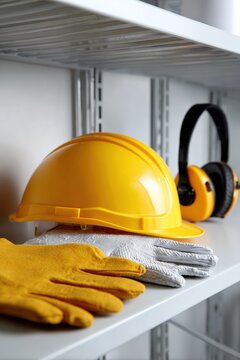 Safety gear on shelf with yellow hard hat gloves and ear protection