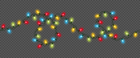 Christmas and New Year seamless border garland. Glowing vector light bulbs isolated on transparent background for holiday decoration banner, poster, greeting card.