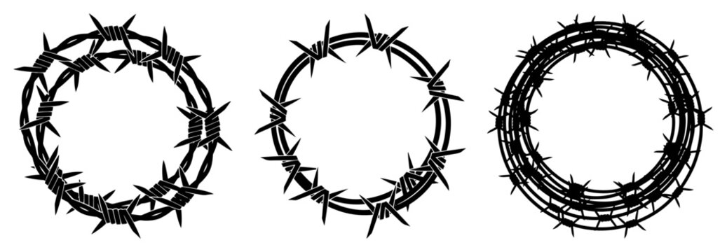 Set of circular barbed wire wreaths and crown of thorns silhouettes