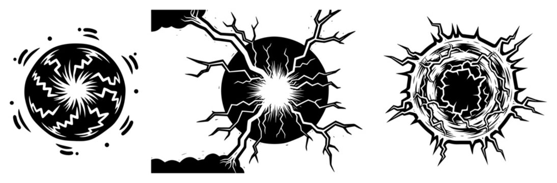 Abstract black energy sphere and cracked hole vector illustrations with lightning bolts