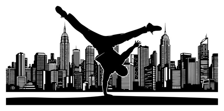 Breakdancer performing handstand trick against city skyline black and white vector silhouette