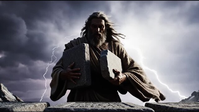Biblical prophet Moses holding the Ten Commandments stone tablets on Mount Sinai. Dramatic cinematic view of an elderly man looking up at a stormy sky with lightning. Religious concept of divine law