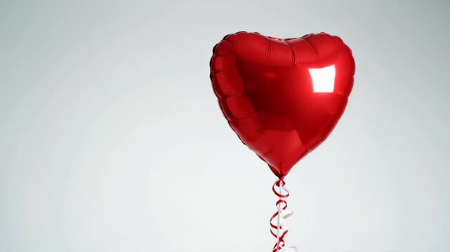 Red heart-shaped foil balloon floating against a light gray background. Shiny metallic helium balloon with curled ribbon for Valentine's Day celebration. Love and romance concept with copy space
