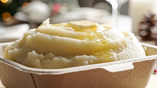 Close-up of creamy mashed potatoes with melting butter and steam rising. Hot side dish served in a disposable paper container with a festive holiday background. Comfort food concept
