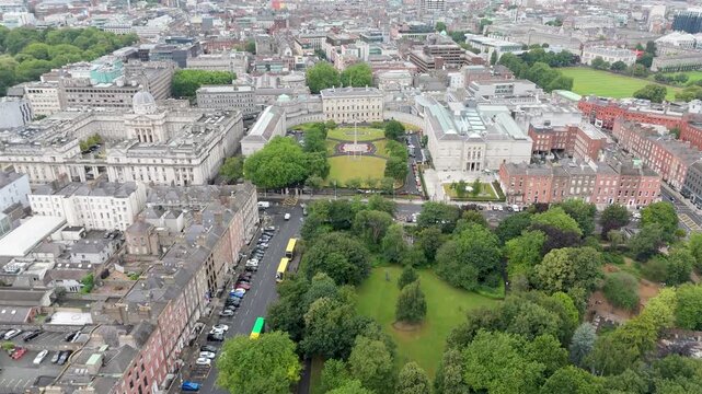 Aerial view of the National Gallery and Leinster House, the Government Building in Dublin, Ireland.