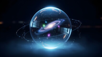 Conceptual representation of a spiral galaxy contained within a glowing glass sphere