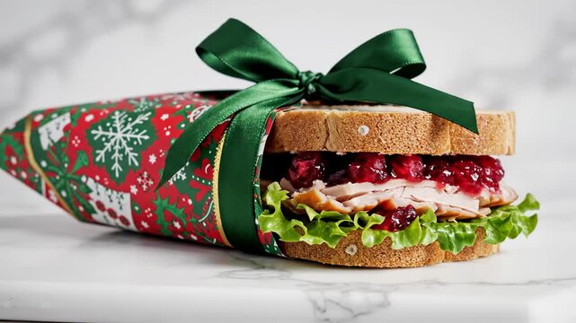 Turkey and cranberry sandwich wrapped as a Christmas gift with a green ribbon. Festive holiday leftover food concept on marble