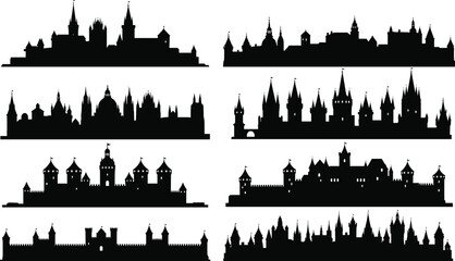 Naklejka premium Fantasy medieval castle skyline silhouettes collection featuring towers, fortresses and ancient architecture, perfect for design, illustration resources and creative artwork projects