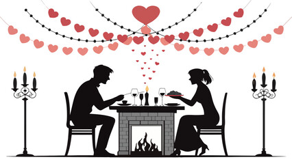 Fototapeta premium Couple silhouetted at a table in a minimalist vector art style