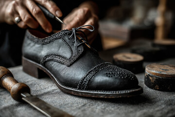 close-up of a men's leather shoe in a shoe repair shop