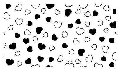 Seamless pattern background of black and outline hearts representing love and romance for valentines day texture