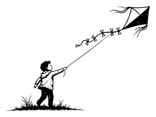 Little boy flying a kite in grass field vector illustration in black and white sketch style representing childhood freedom © Katarzyna