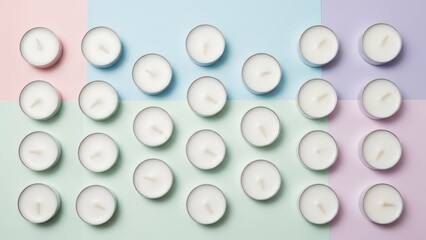 Arrangement of white tealight candles on pastel colored background