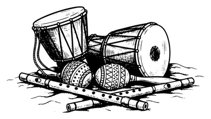 Hand drawn traditional musical instruments vector illustration with drums maracas and wooden flute sketch © Katarzyna