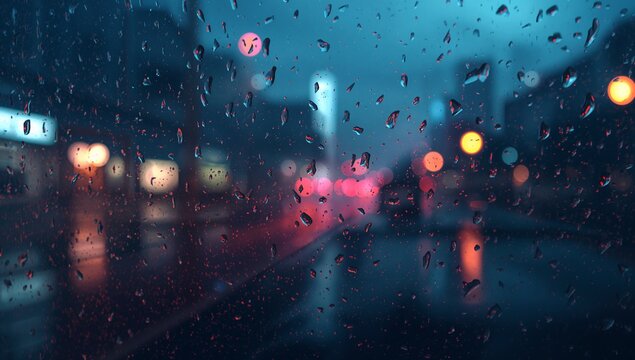 Framing raindrops on glass pane refracting colorful city lights at night, with blurred taillights - Powered by Adobe
