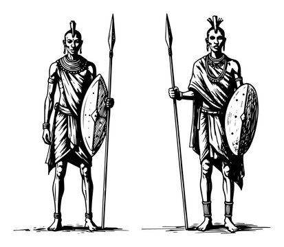 African tribal warrior men standing with spears and shields vector illustration in vintage black and white sketch style