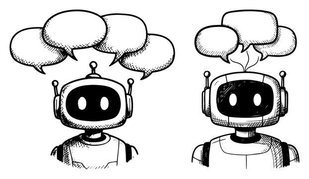 Hand drawn sketch of cute robots with speech bubbles illustrating AI chatbots conversation