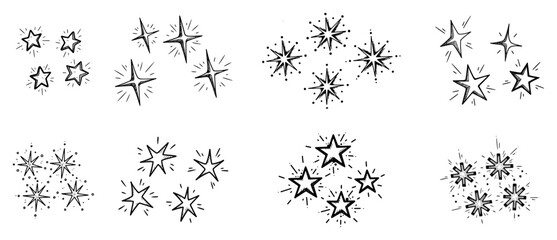 Set of hand drawn shining stars and sparkles concept of magic light and celebration decoration vector sketch © Katarzyna