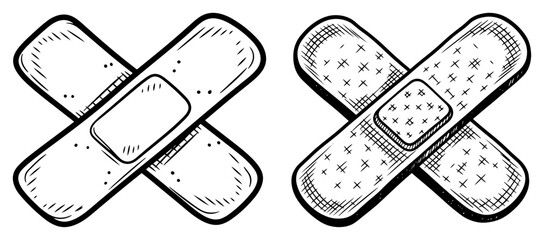 Hand drawn sketch of crossed medical adhesive bandages or plasters representing healthcare and first aid