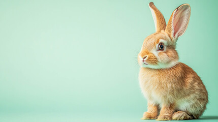 A red rabbit with big ears on a turquoise background. For themes related to pets, spring, nature, care, and positivity.