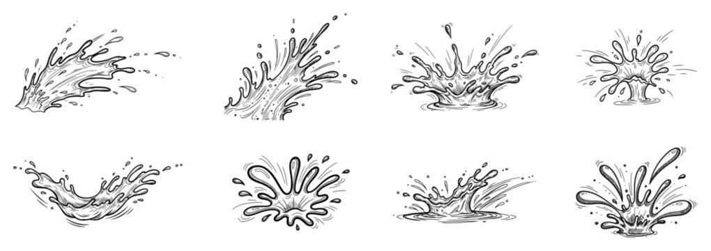 Set of dynamic water splashes and liquid drops hand drawn in engraving sketch style vector illustration elements