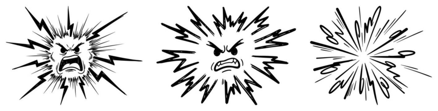 Hand drawn sketch of angry comic book speech bubbles and explosion shapes representing rage and stress emotions
