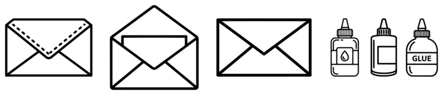 Set of simple linear icons featuring mail envelopes and glue bottles office stationery concept