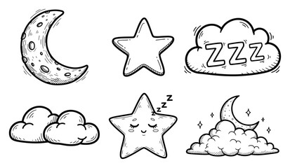Fototapeta premium Hand drawn sketch collection of cute night sky elements with moon stars and sleeping clouds for bedtime design