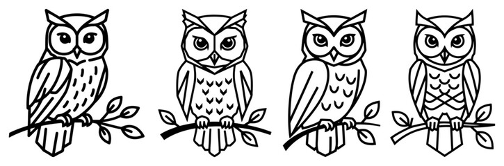 Set of four stylized owl characters sitting on tree branches with thick outlines vector illustration suitable for icons