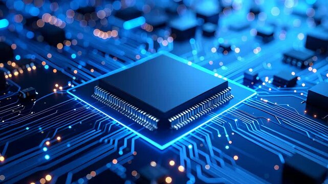 Close-up of a computer chip with glowing blue pathways for data flowing with a dark background providing a futuristic aesthetic.