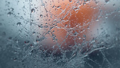 Showing wet glass pane catching light through frosted window, with droplets and colored bokeh