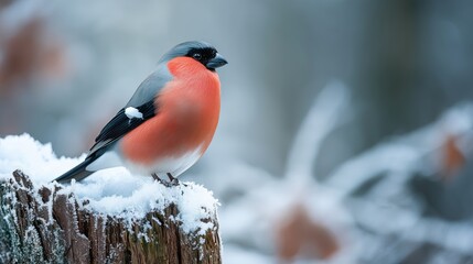 A vibrant bullfinch perched on a snow-covered tree stump in a winter landscape.
