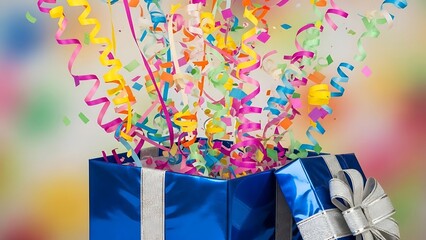 Explosion of colorful confetti and streamers from a blue gift box