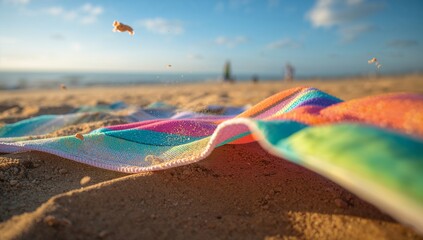 Lying colorful striped beach towel resting on sand, with airborne sand and ocean horizon