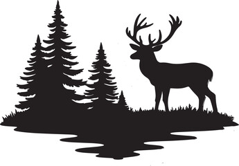 Silhouette of a majestic stag standing near coniferous trees in a forest © Kamrul Hasan 