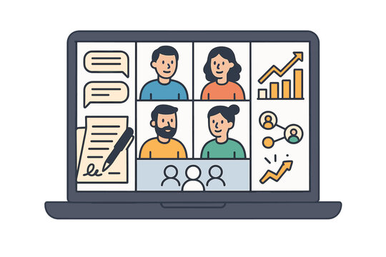 Online video conference call screen with four participants and business icons on a laptop