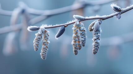 Delicate aspen catkins covered in frost, showcasing fine icy details against a blurred background.