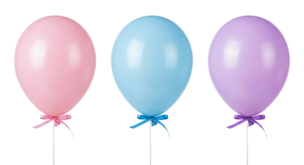 Three pastel-colored balloons with ribbon accents on a contrasting void background