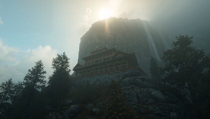 Sitting tiered wooden temple on stone terrace mid cliff, showing waterfall, pines, sunrays, mist