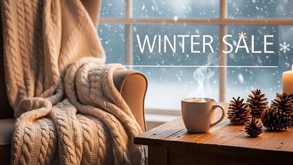Cozy winter sale window scene with hot drink and snowfall