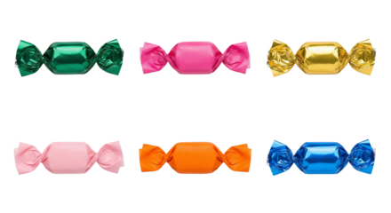 Assortment of brightly colored wrapped candies on a transparent background isolated