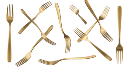 collection of scattered golden forks with isolated transparent background