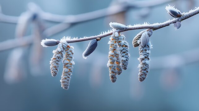 Delicate aspen catkins covered in frost, showcasing fine icy details against a blurred background. - Powered by Adobe