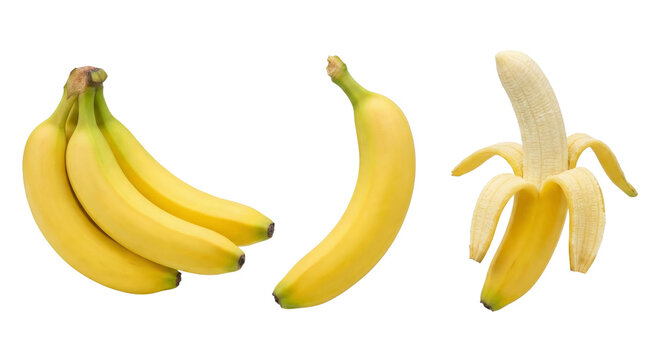 A trio of vibrant yellow bananas with one partially peeled showcasing its creamy flesh isolated on