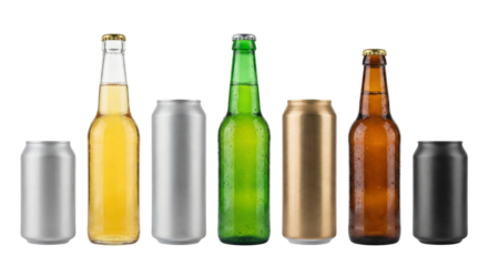 Collection of beverage containers including bottles and cans with transparent background isolated
