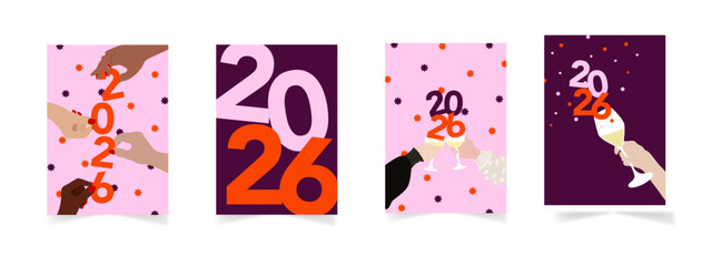 Fototapeta premium Cartes de voeux modernes et colorés pour souhaiter une bonne année 2026 - Illustration vectorielles dans les tons rose et orange avec des coupes de champagne