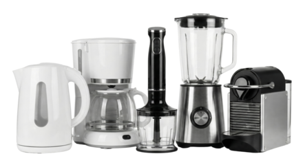 A collection of modern kitchen appliances for convenient food and beverage preparation isolated on