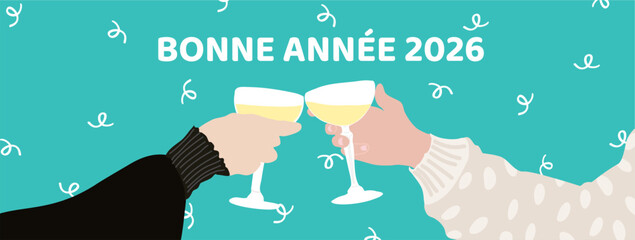 Banni&egrave;re web bonne ann&eacute;e 2026, illustr&eacute;e avec 2 coupes de champagne et des cotillons-fond bleu turquoise