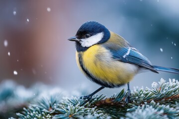 Obraz premium A great tit bird perched on a frosty fir branch, surrounded by soft snowfall.