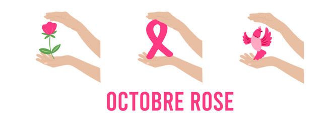 Illustration main tenant un symbole pour la lutte et la pr&eacute;vention contre le cancer du sein des femmes lors de octobre rose - ic&ocirc;ne pour affiches et autres supports de communication